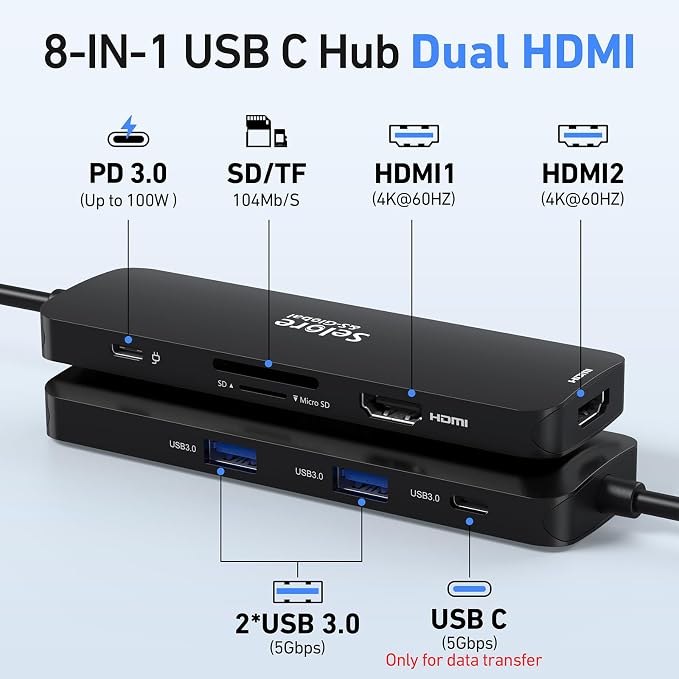 USB C Docking Station Dual HDMI Monitor, USB C to Dual HDMI Adapter with 2HDMI Ports, PD Charging, SD/TF, USB A&C 3.0 Ports, Laptop Docking Station for Dell XPS/HP/Lenovo/Surface/Yoga etc(Black)