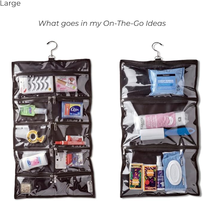 On-The-Go Organizer, 14 Clear Vinyl Pockets, Hanging Travel Case for Makeup and Accessories, 13.5 x 24 inches (Raven, Large)