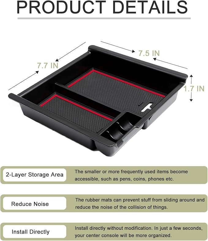 JDMCAR Center Console Tray Organizer Compatible with Toyota Tacoma Accessories 2016-2022 2023, Armrest Insert Container ABS Material Secondary Storage Box-(Red Trim)