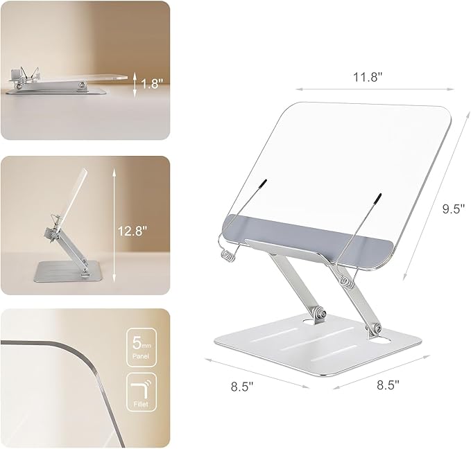 Acrylic Book Stand for Reading, Hands Free Foldable Desktop Book Holder, Height & Angle Adjustable Textbook Stand with Page Clips for Cookbook, Tablet, Music Scores
