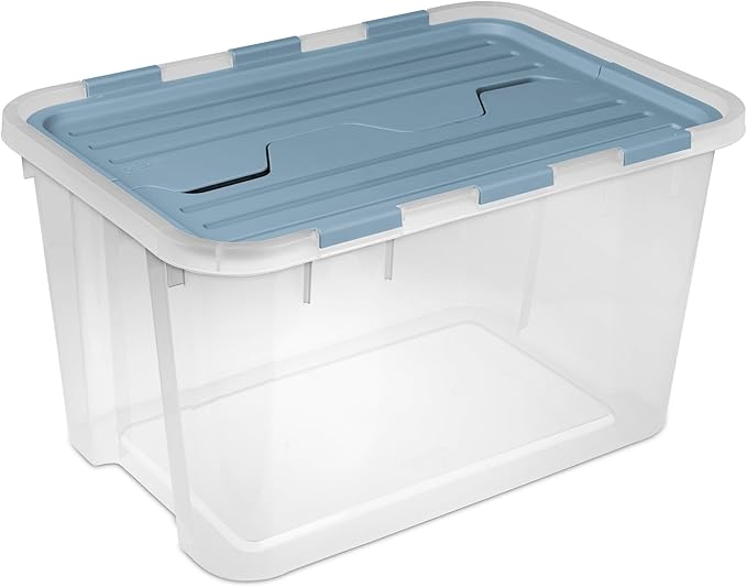 Sterilite 12 Pack Hinged Lid Storage Box, 60 Qt Plastic Container, Washed Blue - Home Organizer Tote for Storing Shoes, Crafts, Clothing, or Decor