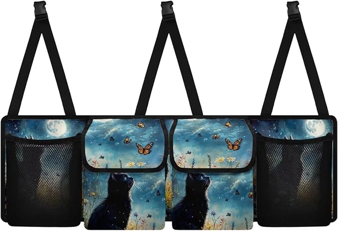 Black Cat Print Car Trunk Organizer Hanging Car Backseat Storage Bag Waterproof Collapsible Cargo Bag with 4 Pouches Universal Automotive Interior Accessories