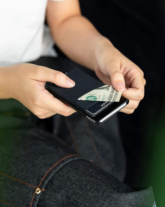 VULKIT Card Holder with Money Pocket Pop Up Wallet RFID Blocking Slim Metal Bank Card Case Holds 5 Cards and Notes