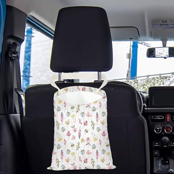 Floral Car Trash Bag Car Garbage Bag Hanging Cars Trash Can Spring Decor Waterproof Cars Back Seat Organizer for Vehicle Travelling Swimming Camping