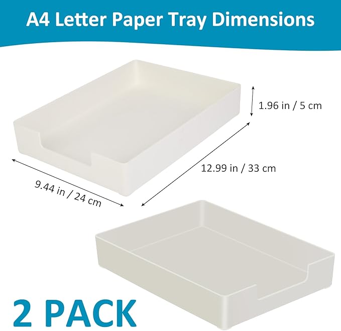 Desk Organizer Tray, 2-Pack A4 Letter-Size Tray, Plastic Printer Paper Holder, Rectangular Desktop Stackable File Holder for Office Supplies School Home, Mail Document Storage Containers (White)