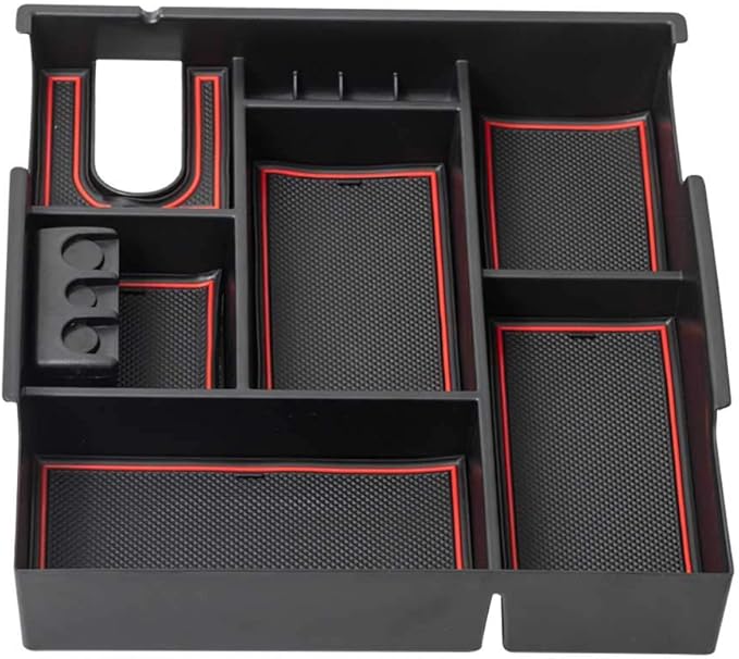 EDBETOS Center Console Tray Organizer Compatible with Toyota Tundra 2014 2015 2016 2017 2018 2019 2020 2021 Accessories, Armrest Secondary Storage Box (Red Trim)