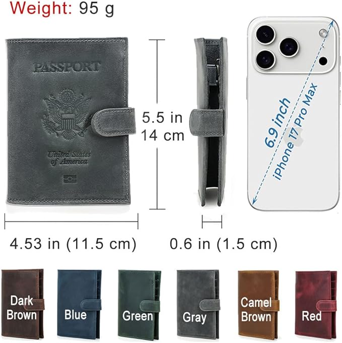CONTACTS Full Grain Leather Passport Holder with Airtag Slot RFID Blocking Passport Wallet for Men Travel Passport Cover with SIM Card Removal Tool (Badge, Gray)