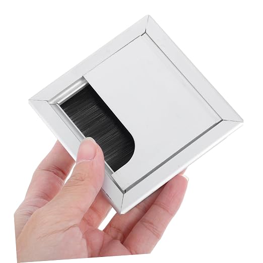 Aluminum Alloy Cable Management Box Stylish Square Desk Grommet Dustproof Brush Lining Wire Organizer for Home Office Cord Cover Silver
