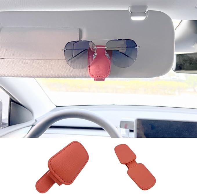 Sunglass Holder for Car Clip for Car Visor Upgrade Magnetic Leather Visor Sunglasses Clip Ticket Holder，2 Packs (Red 2PCS)