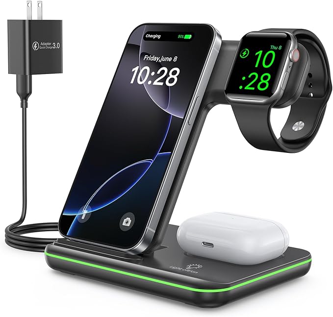 WAITIEE Foldable Wireless Charger for iPhone 17 16 15 14 13 12 11 X 8, 3 in 1 Charging Station for Apple Watch & for AirPods (Black)
