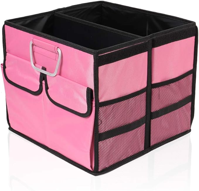 Car Trunk Organizer Collapsible Portable Multi Compartments Organizer with Non Slip Straps for SUV Truck Auto Vehicle Car Auto Minivan(Small without cover, Pink)
