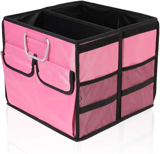 Car Trunk Organizer Collapsible Portable Multi Compartments Organizer with Non Slip Straps for SUV Truck Auto Vehicle Car Auto Minivan(Small without cover, Pink)