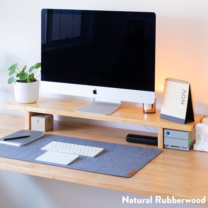 Desky Minimal Monitor Stand – Ergonomic Wood Riser for Single or Dual Monitors, Desk Shelf Organizer to Elevate Screen Height – Natural Walnut Hardwood