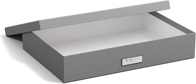 Bigso Sverker Fiberboard Legal and Art Storage Box | Scrapbook Storage Box for Loose Papers and More | Durable Document Boxes with Lid and Metal Label Holder | 17.1’’ x 12.2’’ x 3.3’’ | Grey