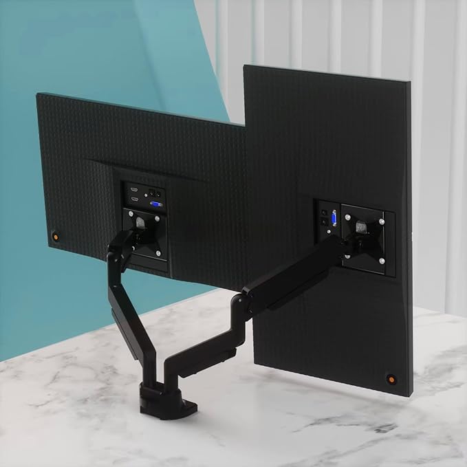 Dual Balanced Monitor Arms | Effortless Adjustment | Internal Spring Mechanism | Outstanding Flexibility | 180 Degree Rotation | Two Monitors | Fit Screen Size 17" - 32" | Computer Display Arm | Black