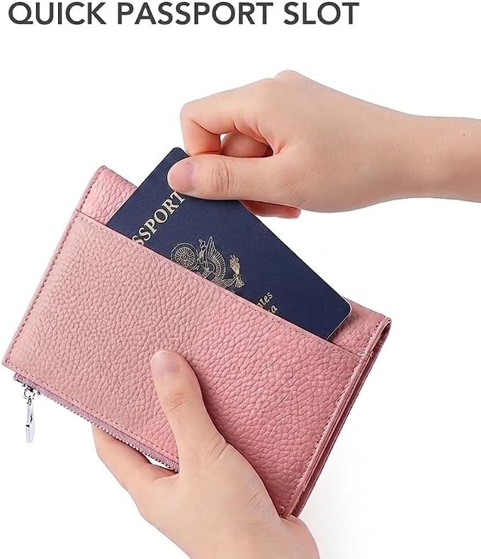 Gyanm Genuine Leather RFID Blocking Passport Holder for Women, Slim Travel Wallet with Zipper Coin Pocket, Card Slots and SIM Slots, Compact Passport Cover Case, Pink
