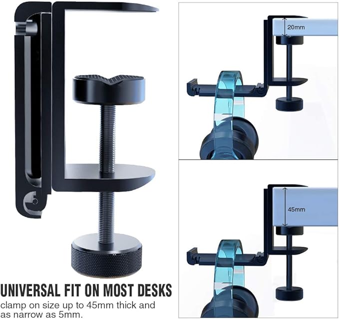2Pack Upgrade Foldable Headphone Stand Under Desk PC Gaming Headset Hanger Holder Hook Clamp with Built in Cable Clip Organizer Space Save Mount Fold Upward Not in Use, Universal Fit, Black