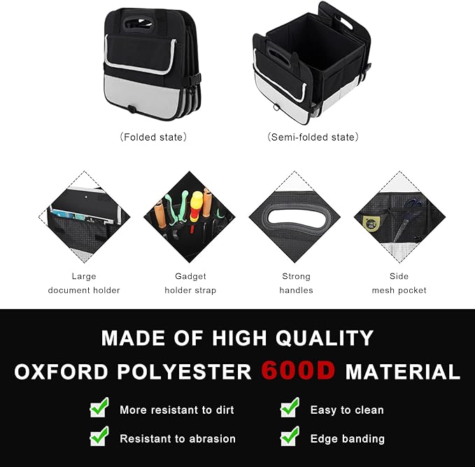 Car Trunk Organizer, Large Capacity Collapsible Cargo Organizer with Adjustable Straps Reinforced Handles, Multi-Compartment Trunk Storage Box for Car Truck SUV Sedan (Black & Gray)