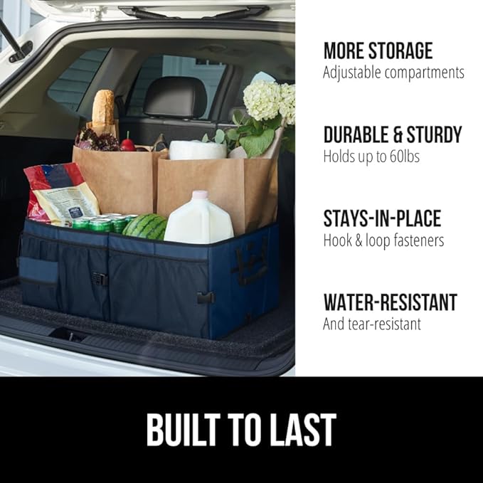 GORILLA GRIP Large Capacity Sturdy Trunk Storage Organizer, Slip and Water Resistant Collapsible Organization Container for Car Sedan or SUV, Multi Compartment Box Vehicle Accessories, Blue