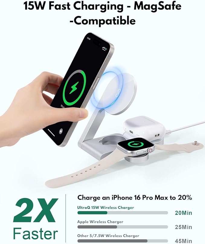 2026 3 in 1 Wireless Charging Station Mag-Safe Fast Charging Station for Apple MagSafe Charger, with USB C Charger, Foldable Charging Magnetic Wireless Charger Stand, Space Aluminum Travel Charger