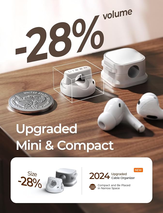 LISEN Cord Holder 8 Pack Magnetic Cable Clips Organizer, for Nightstand [Smooth Adjustable] Adhesive Organizer for Cords Under Desk for Home Office Desk Car Wall Desktop Nightstand-White