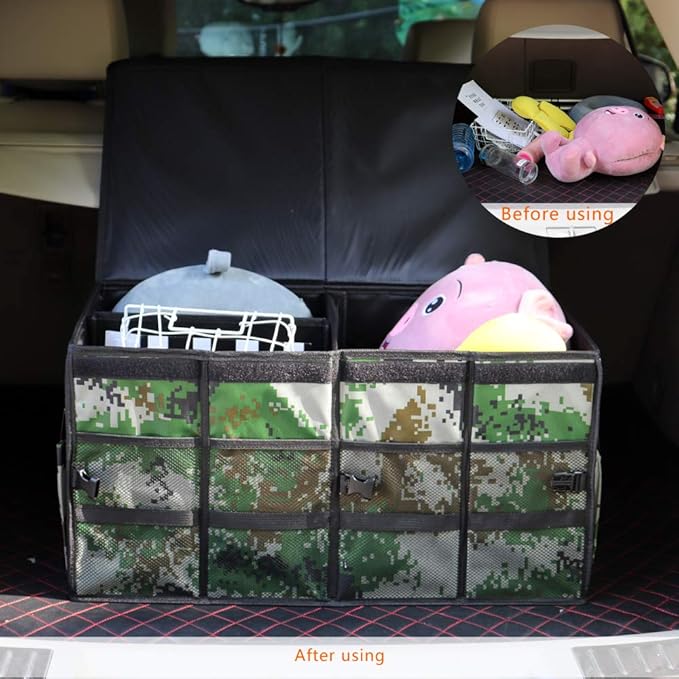 Car Trunk Organizer Collapsible Portable Multi Compartments Organizer with Non Slip Straps for SUV Truck Auto Vehicle Car Auto Minivan (Large covered, Camouflage)