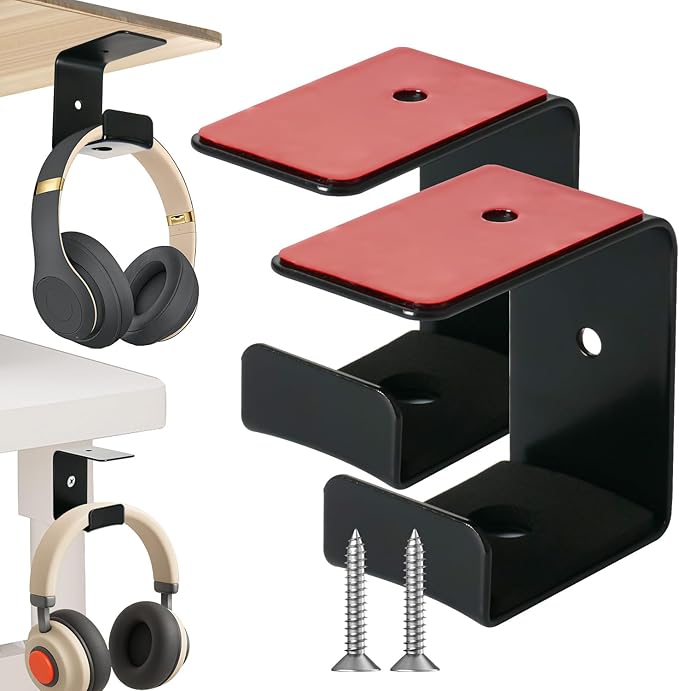 2 Pack Wall Mount Headphone Stand, Adhesive & Screw Mount Headphone Hook Holder with Rubber Pad, Universal Headset Hanger for Desk, Table Edge, Gaming Setup Accessories