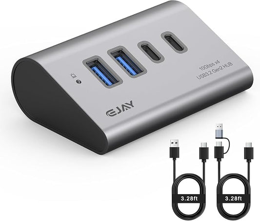 EJAY 10Gbps USB 3.2 Hub, 4-Port USB C/A Splitter for SSD,Laptop,PC,Mac | Aluminum,23° Ergonomic,Extra Power Supply Port,Stable Data Transmission,Dual Cable