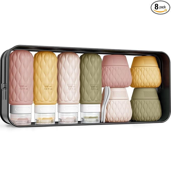 Silicone Travel Bottles for Toiletries 8 Pack Travel Size Toiletries 3.4 oz 1.7 oz, Leakproof Squeeze Travel Size Containers Refillable Cosmetic Jars Set for Shampoo, Conditioner, Creams