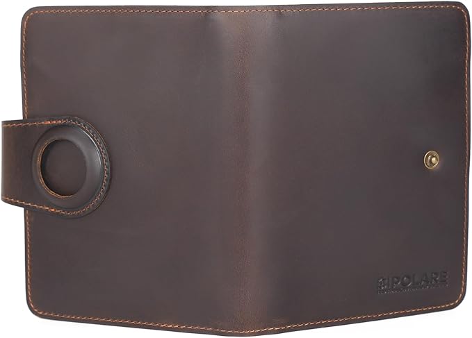Polare Full Grain Leather Slim and Soft RFID Blocking wallet For Men Snap Bifold Travel Wallet Passport Holders 2 Passports (Dark Brown with AirTag Slot)