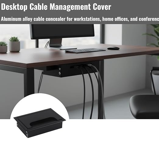Desktop Cable Management Cover for Desk Organization - Aluminum Alloy Cable Box with Brush Seal (Black, 8.0x12.0x2.8 cm)