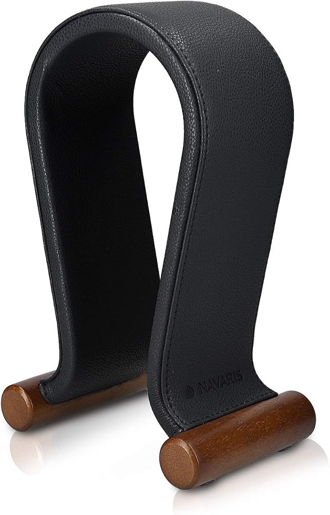 Navaris Omega Headphone Stand - Synthetic Leather Headset Hanger with Wood Base - Holder for Wired, Wireless, Gaming, DJ, Studio Headphones - Black
