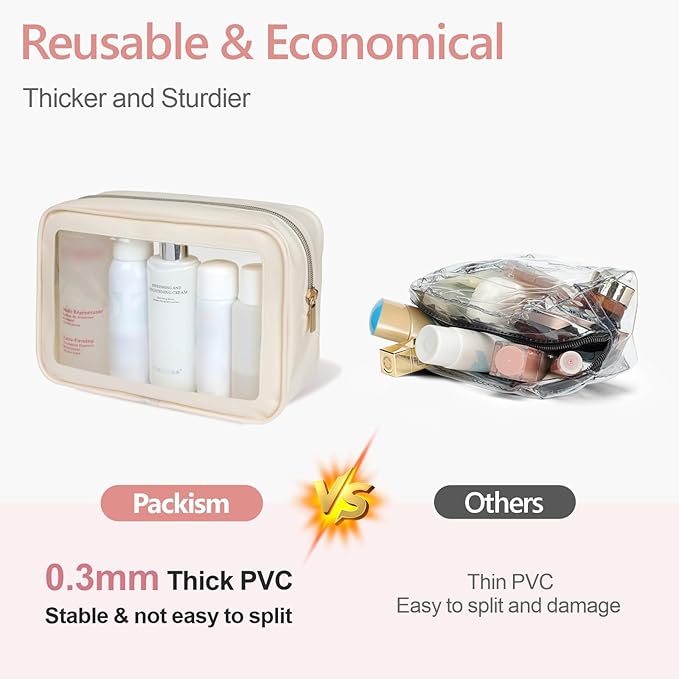 PACKISM TSA Approved Toiletry Bag 4 Medium - Quart Size Clear Makeup Bag for Carry On, Airport Security Compliant Clear Travel bag for Toiletries with Reinforced Seams, Beige