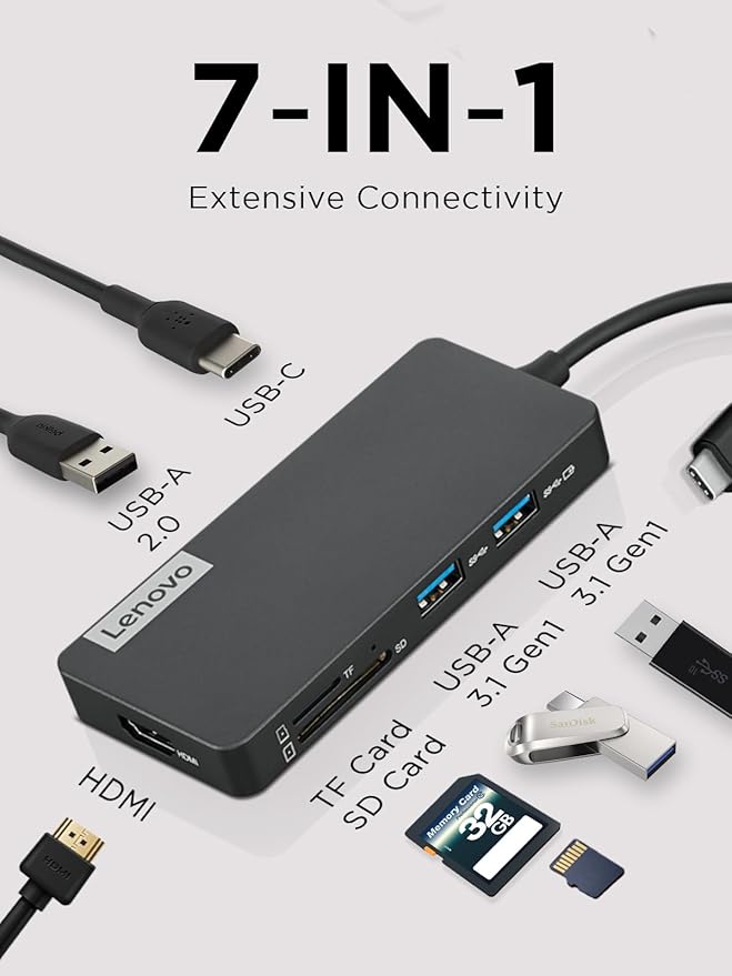 Lenovo ??USB-C 7-in-1 Hub ??Computer Networking Laptop Accessory ??Laptop Docking Station - 4K via HDMI, 3 USB-A devices, 2 SD/TF Card Readers USB-C Power Pass Through