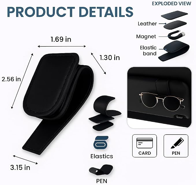 Sunglass Holder for Car Visor Clip Pack 2 - Car Sunglass Holder - Magnetic Leather Sunglasses Holder - Eyeglass Holder for Car Visor - Visor Sunglasses Holder Clip (Black)