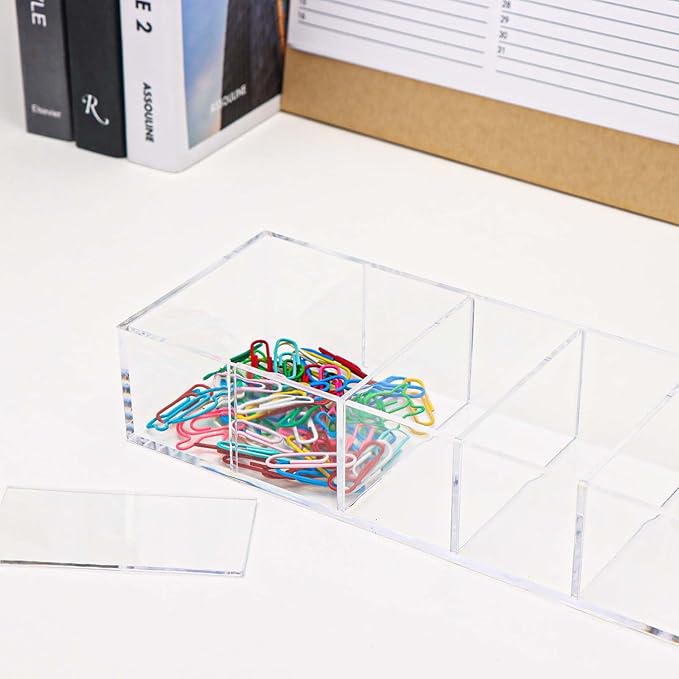 NatSumeBasics Clear Drawer Organizer 6-Section Desk Compartment Acrylic Tray Holder, 3.3" Width not for Storage Credit Cards Business Card, Office Accessories Supplies (Small)