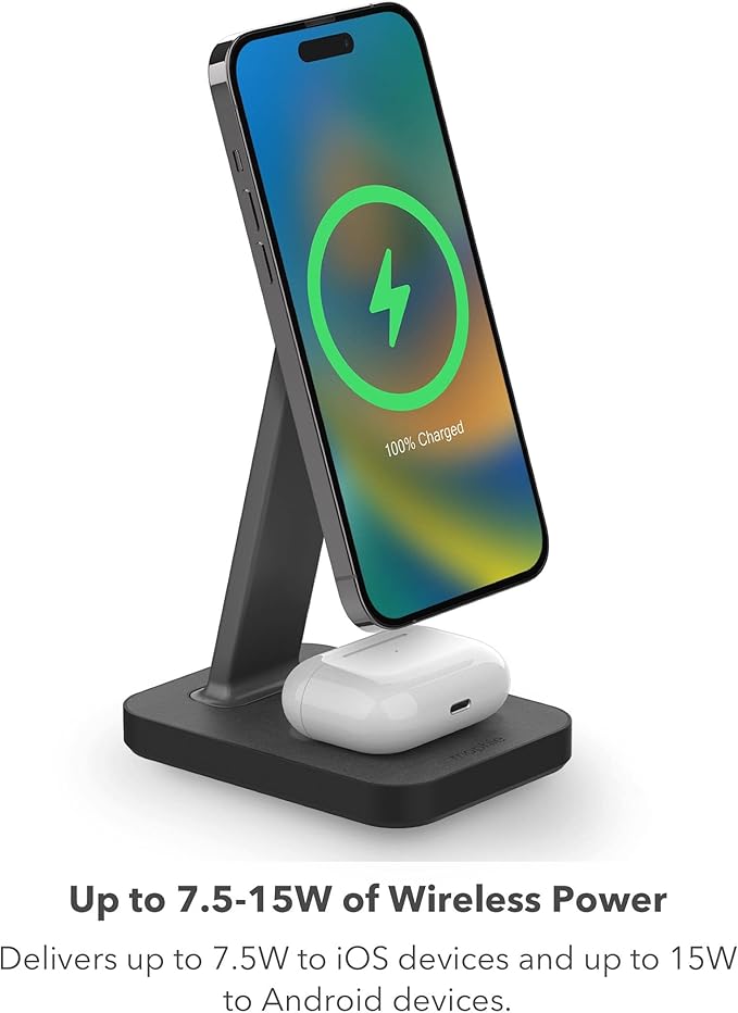 mophie Snap+ 2-in-1Charge Stand & Pad - 15w Wireless Charger Compatible with iPhones & AirPods, Includes Snap+ Adapter for Other Qi Enabled Phones, Steel Base, Adjustable Angles