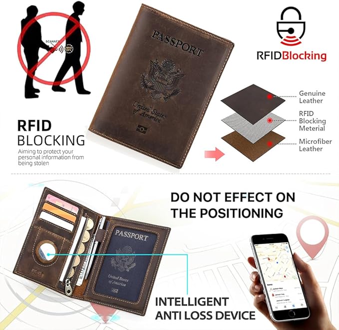 CONTACTS Full Grain Leather Passport Holder RFID Blocking Travel Passport Wallet Compatible with Airtag Passport Cover Case with 4 Card Slots, Coin Pocket with Badge