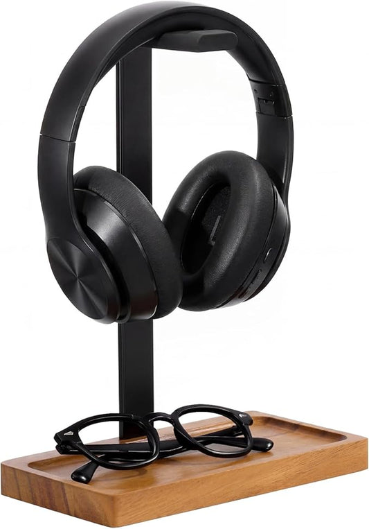 Wood Headphone Stand, Walnut Headset Stand for Desk, Universal Headphone Holder with Storage Base for Gaming, Music Headsets(Light Brown)