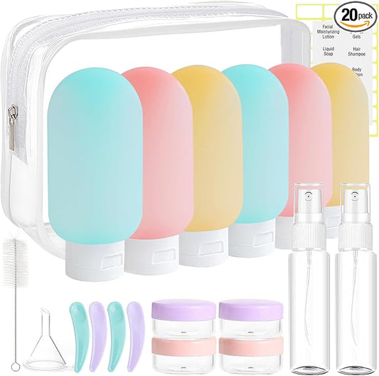 DEWSENSI 20 Pack Travel Bottles Set for Toiletries, TSA Approved Leak Proof Travel Size Containers Kit Portable Refillable Travel Accessories for Shampoo Conditioner Lotion Liquids (Multicolor B)