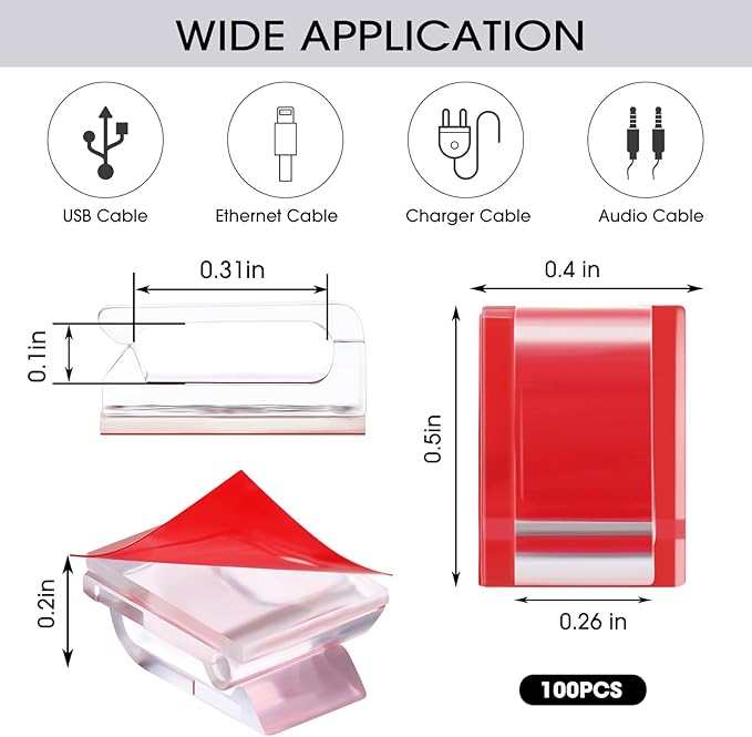 Hicarer 100 Pcs Christmas Light Clips Adhesive Hooks for Outdoor String Cable Wire Clips Adhesive Wire Management Cord Holder for The Wall, Under Desk, Car, Office and Home (Small, Red)