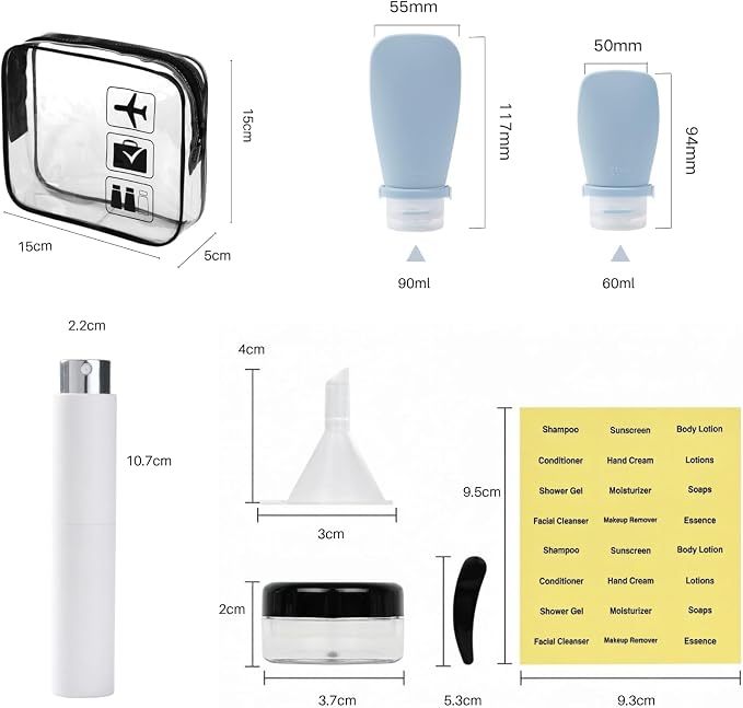 13pcs Travel Size Bottles Set with Bag, TSA Approved Silicone Travel Toiletries Containers with 4-Way Leak-Proof Design with Silicone Strap, Perfume Atomizer, Travel Essentials for Men Women