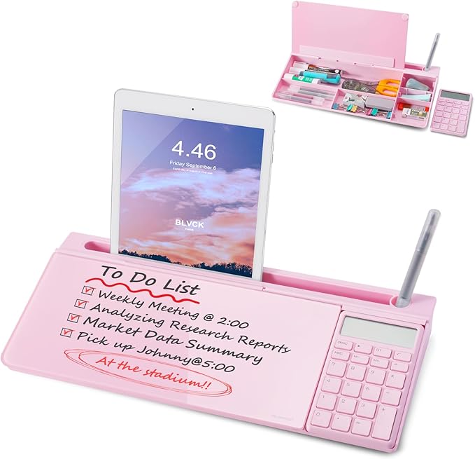 Small Glass Desktop Whiteboard Dry-Erase-Board - Computer Keyboard Stand with Calculator White Board Surface Pad with Drawer, Desk Organizers with Accessories for Office, Home, School Supplies - Pink