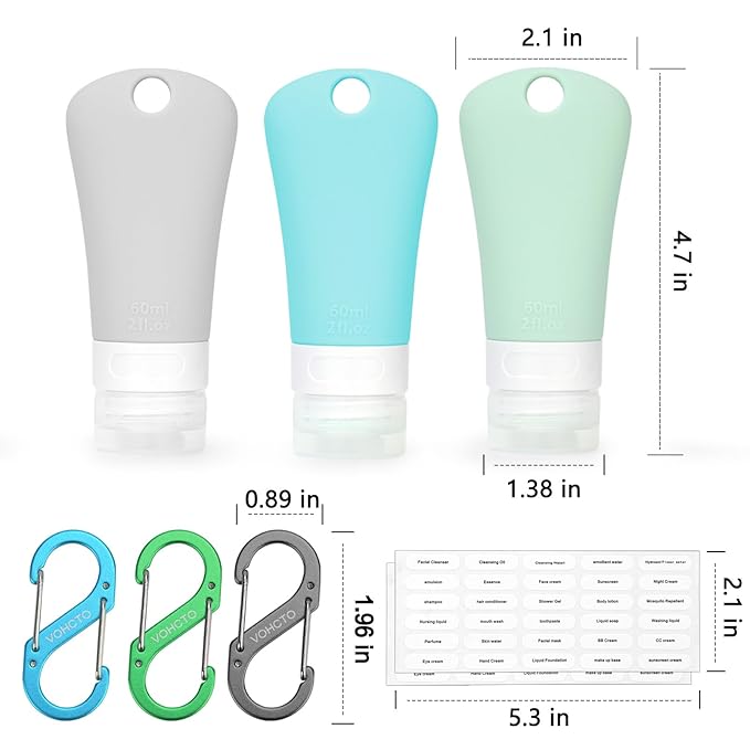 travel bottle set for dispensing toiletries (with label), leak-proof silicone (BPA-free) squeezable refillable liquid travel accessories for cosmetics, shampoo and lotion soap (3PCS) (2 oz)
