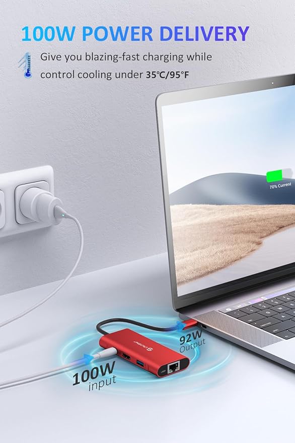 UtechSmart USB C Hub, Ethernet Multiport Adapter 6 in 1 USB C to HDMI Dock Compatible for MacBook Pro/Air, Chromebook, Dell XPS, HP and Type C Devices (Gigabit Ethernet 100W PD 4K HDMI USB 3.0) Red