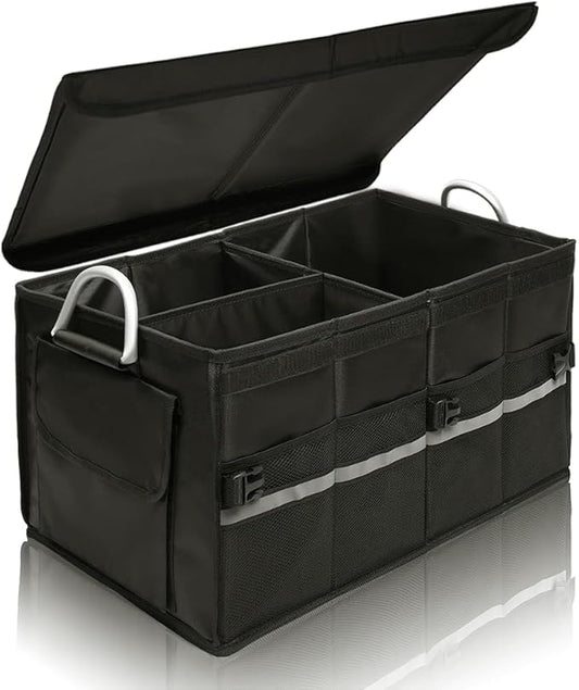 Trunk Organizer With Lid,Medium,Black 55L,For SUV Car Truck,Collapsible Waterproof Oxford Fabric,Portable Multipurpose sorting,3-Compartments with Aluminium Alloy Handle