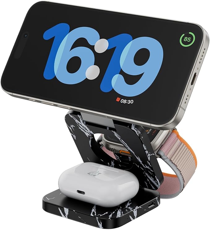 KU XIU Fast Wireless Charger, Magnetic Foldable 3 in 1 Charging Station for iPhone 17/16/15/14/13/12 Pro/Plus/Pro Max, 5W Portable Charger for Apple Watch9/8/7/6/5/4/SE, for Airpods