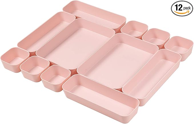 Backerysupply Set Of 12 Pink Color Plastic Desk Drawer Organizers For Makeup Bathroom Office Kitchen Vanity Drawer Storage Box Container