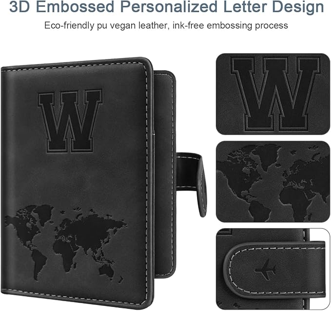 Passport Holder Wallet Cover Personalized Letter A-Z Travel Wallet RFID Blocking Passport Cover Wallet Case for Travel Passport Book Holders for Women and Men, Black-W