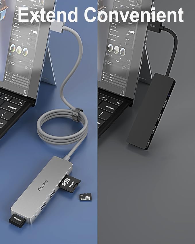Aceele 5Gbps USB 3.0 Hub, 6 in 1 Ultra Slim Data USB Hub with 4ft Extended Long Cable, USB Multiport Hub with Micro USB Powered Port, SD/TF Card Slot Port, Compatible for PC, Laptop, MacBook
